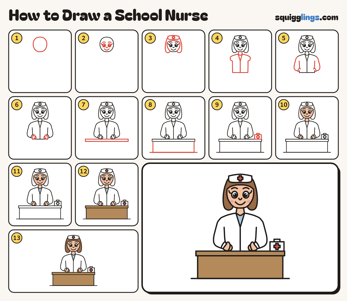 How to Draw a School Nurse step by step: all 13 steps in one picture