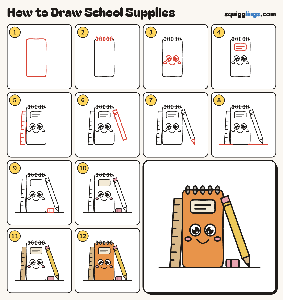 How to Draw School Supplies step by step: all 12 steps in one picture