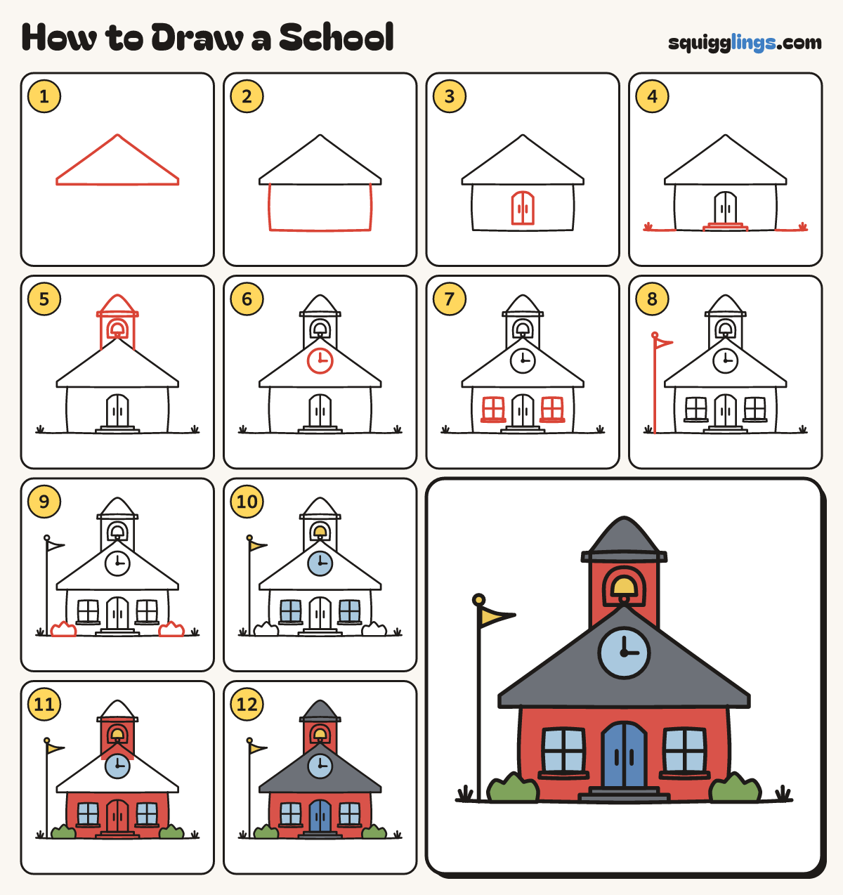 How to Draw a School step by step: all 12 steps in one picture