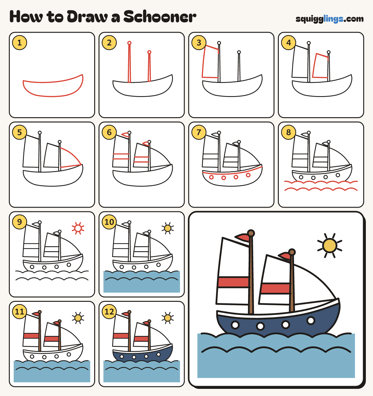 How to Draw a Schooner step by step: all 12 steps in one picture