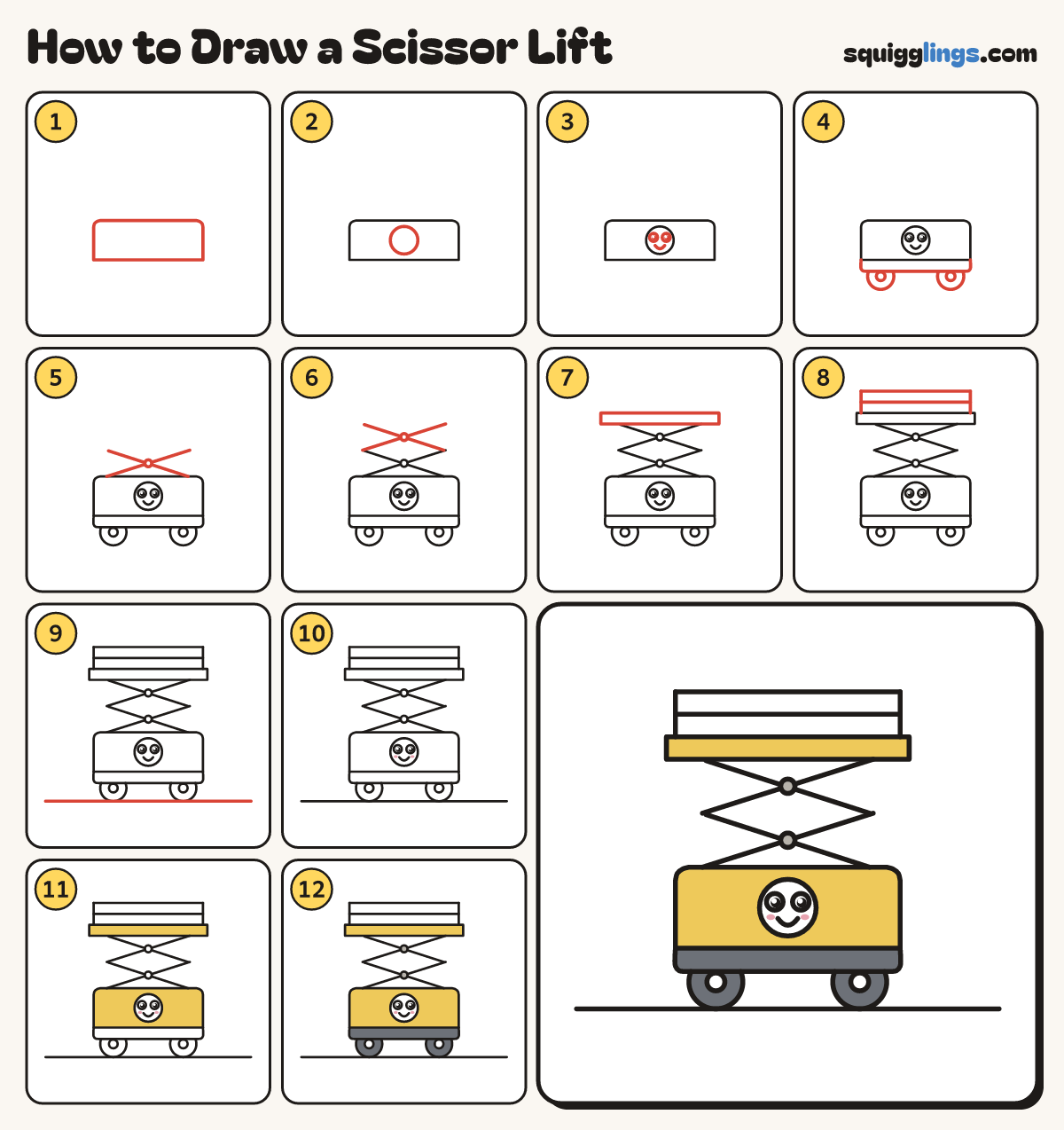 How to Draw a Scissor Lift step by step: all 12 steps in one picture