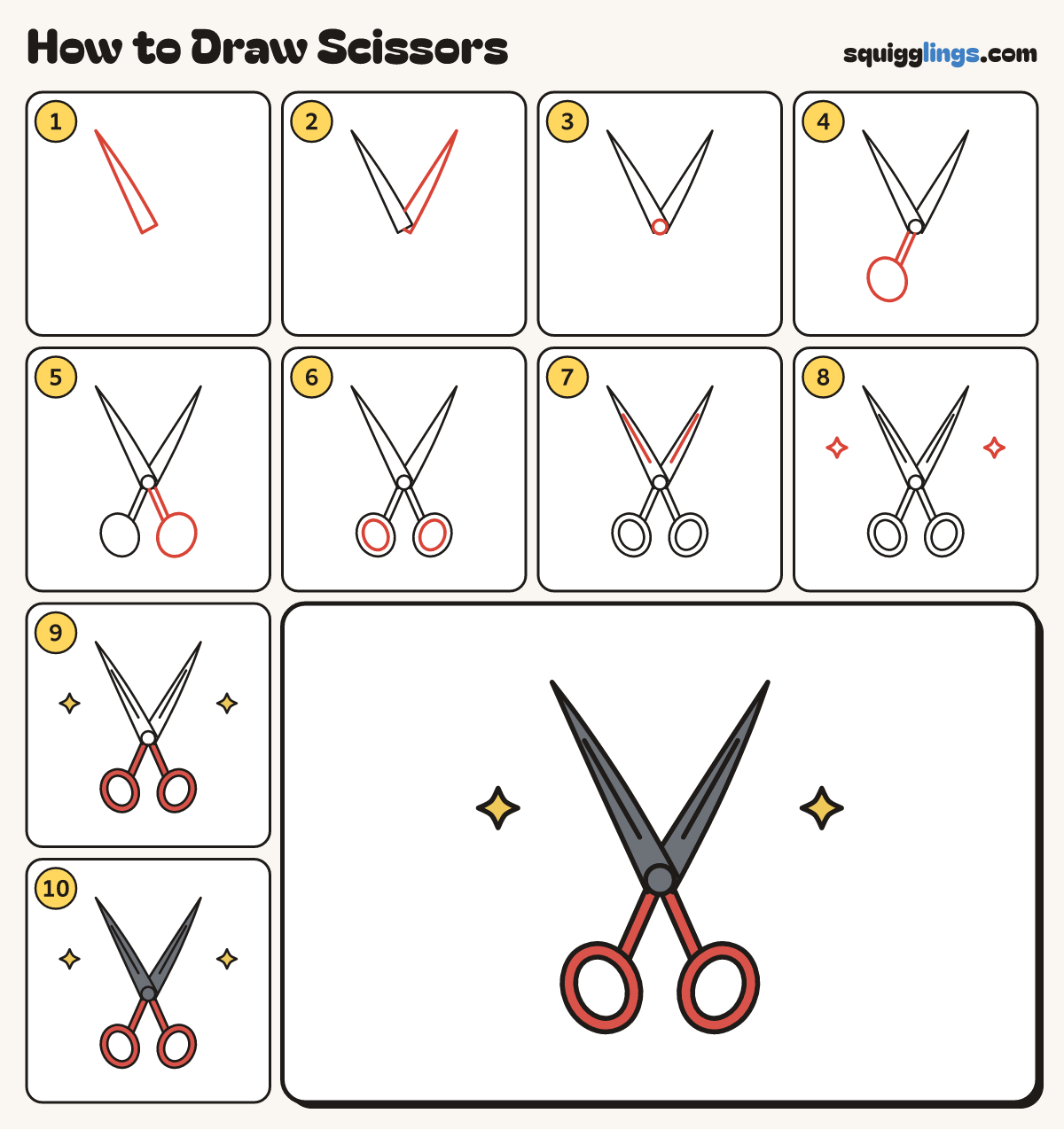 How to Draw Scissors step by step: all 10 steps in one picture