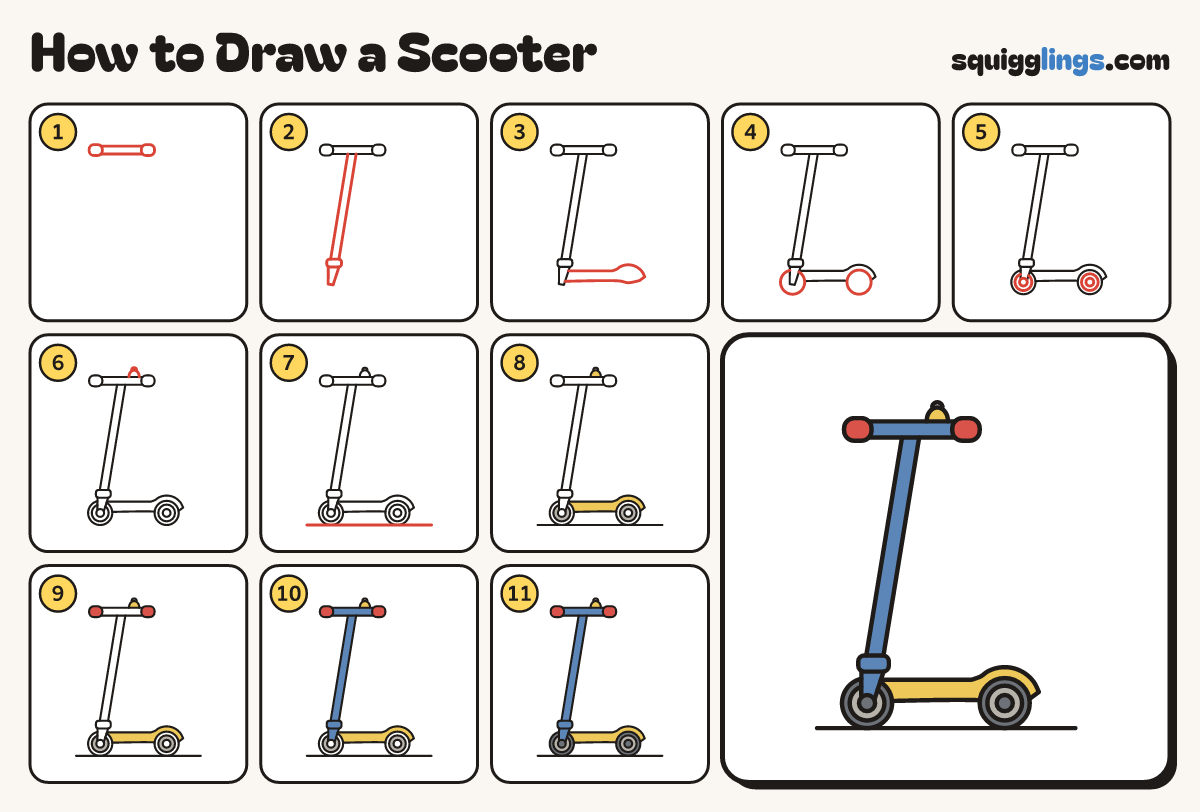 How to Draw a Scooter step by step: all 11 steps in one picture