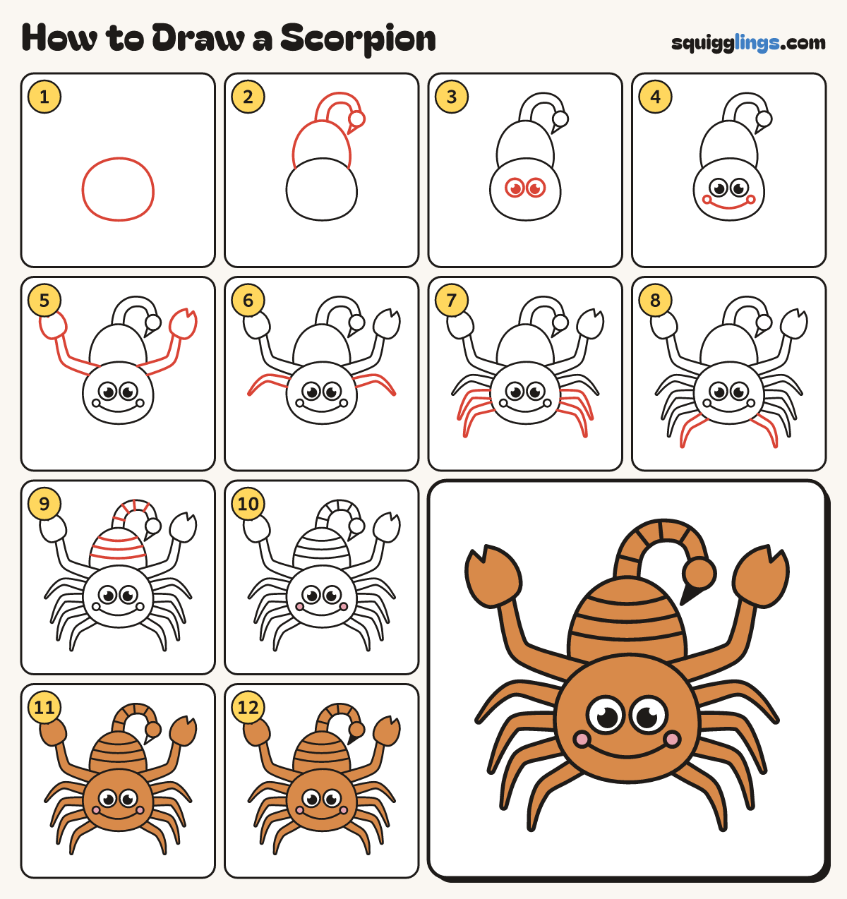 How to Draw a Scorpion step by step: all 12 steps in one picture