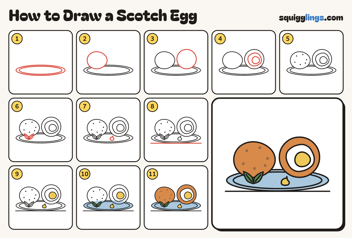 How to Draw a Scotch Egg step by step: all 11 steps in one picture