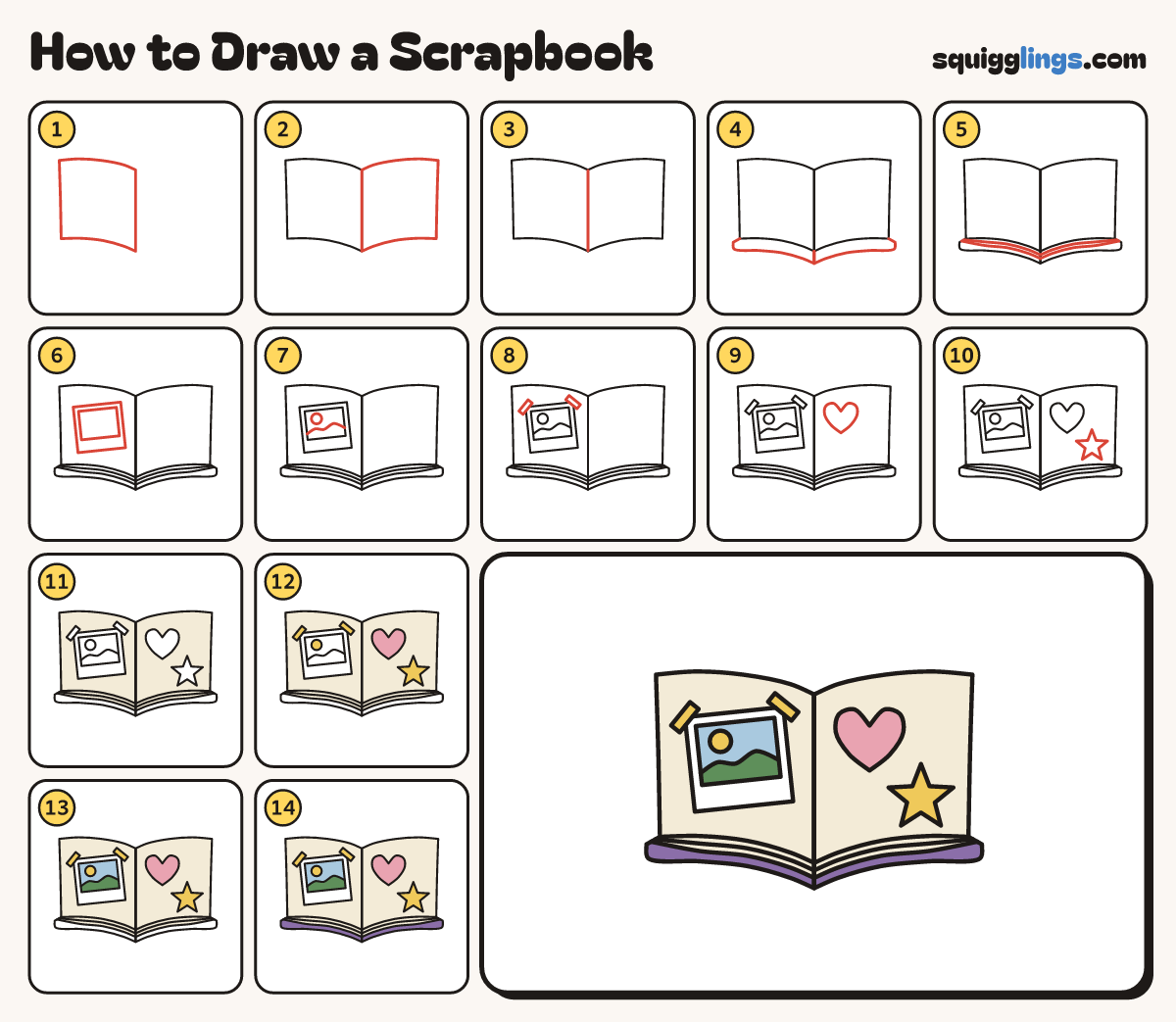 How to Draw a Scrapbook step by step: all 14 steps in one picture
