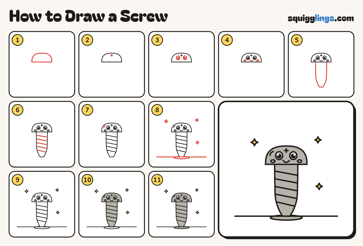 How to Draw a Screw step by step: all 11 steps in one picture