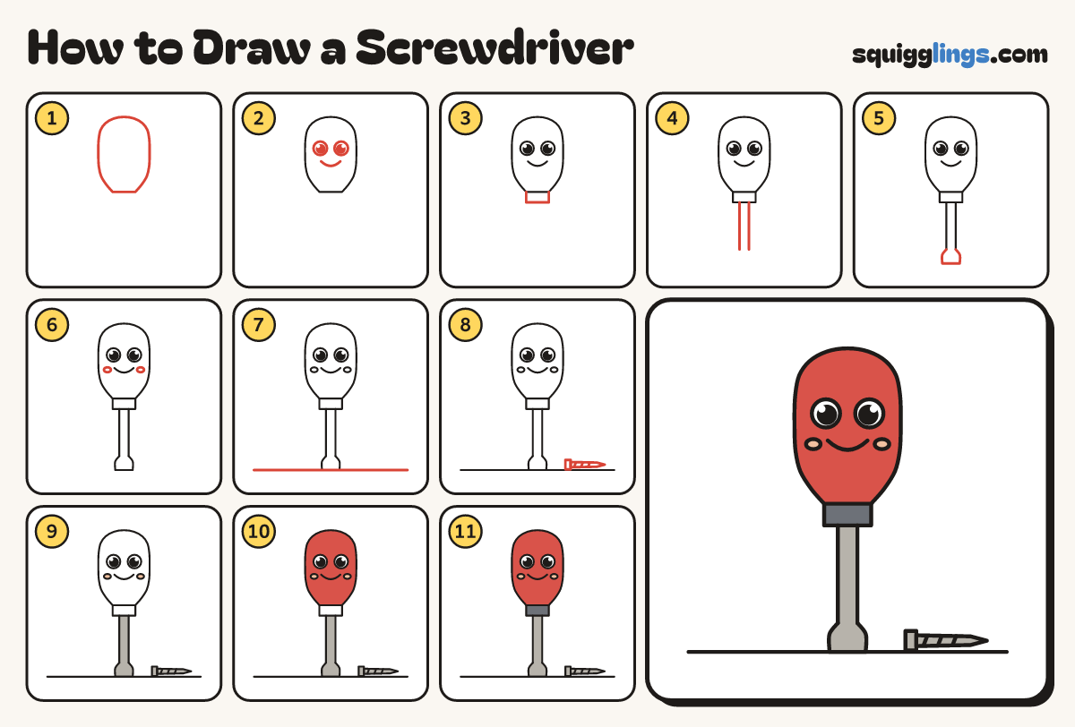 How to Draw a Screwdriver step by step: all 11 steps in one picture