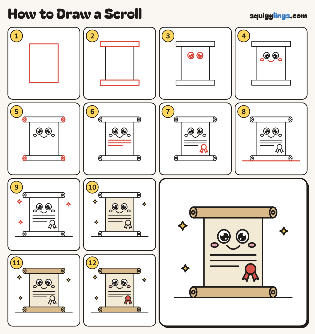 How to Draw a Scroll step by step: all 12 steps in one picture