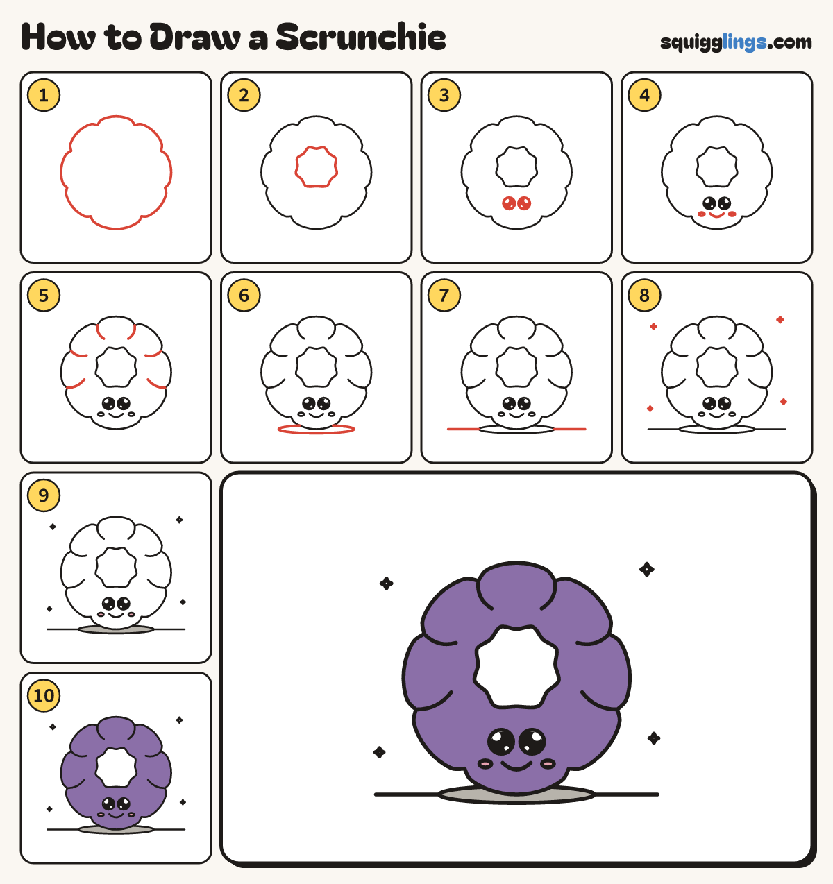 How to Draw a Scrunchie step by step: all 10 steps in one picture