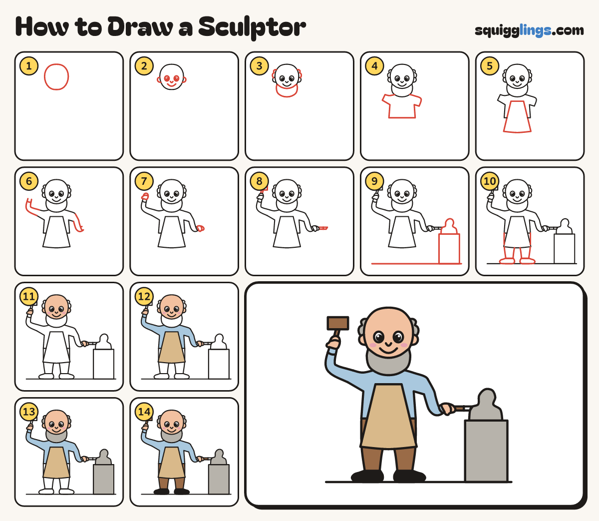 How to Draw a Sculptor step by step: all 14 steps in one picture