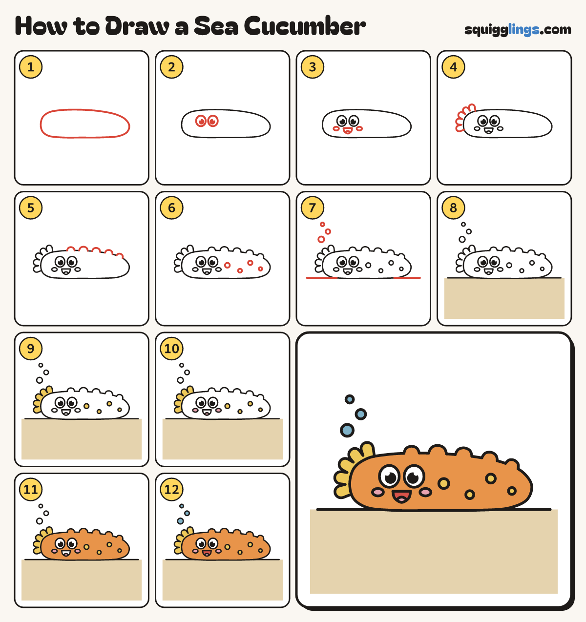 How to Draw a Sea Cucumber step by step: all 12 steps in one picture