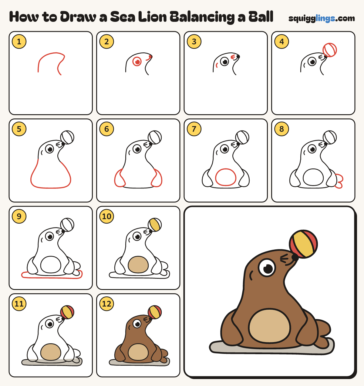 How to Draw a Sea Lion Balancing a Ball step by step: all 12 steps in one picture