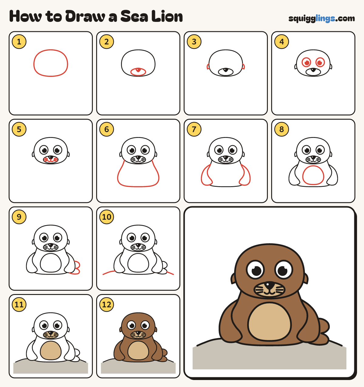 How to Draw a Sea Lion step by step: all 12 steps in one picture