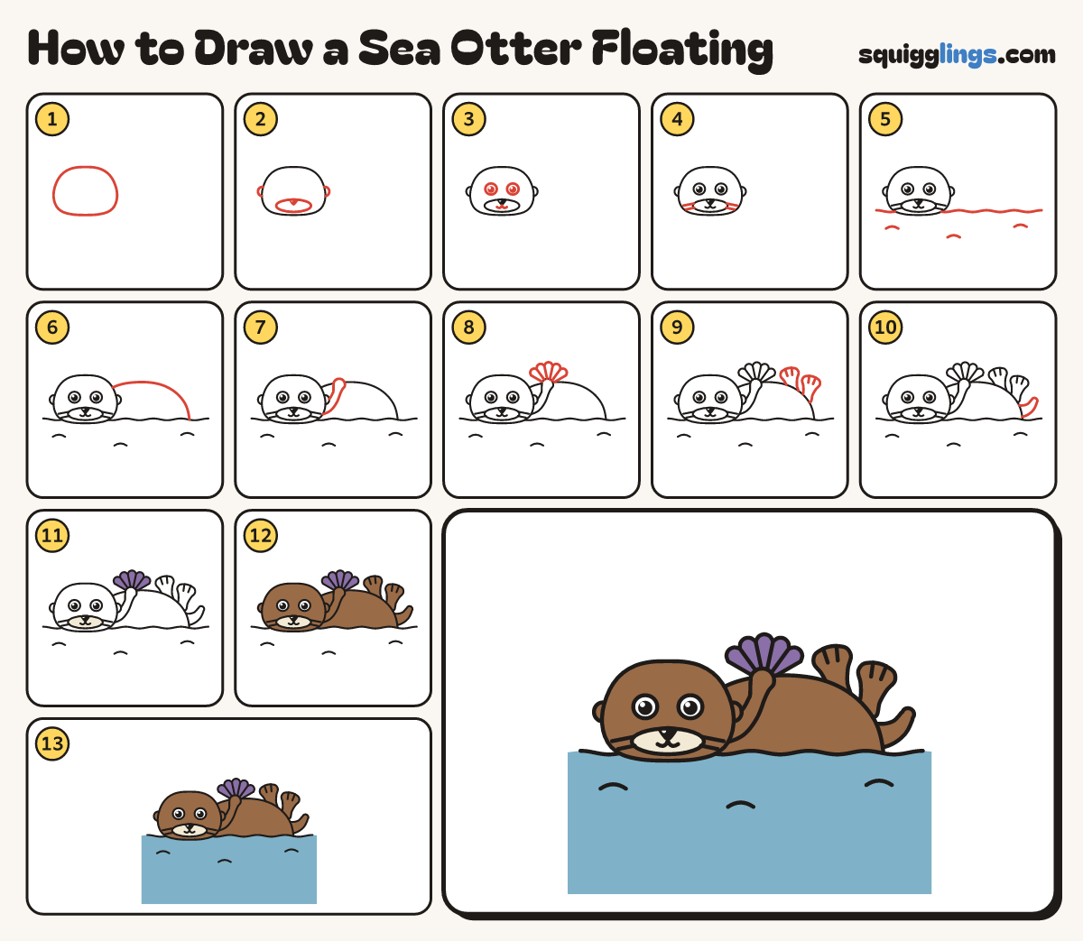 How to Draw a Sea Otter Floating step by step: all 13 steps in one picture
