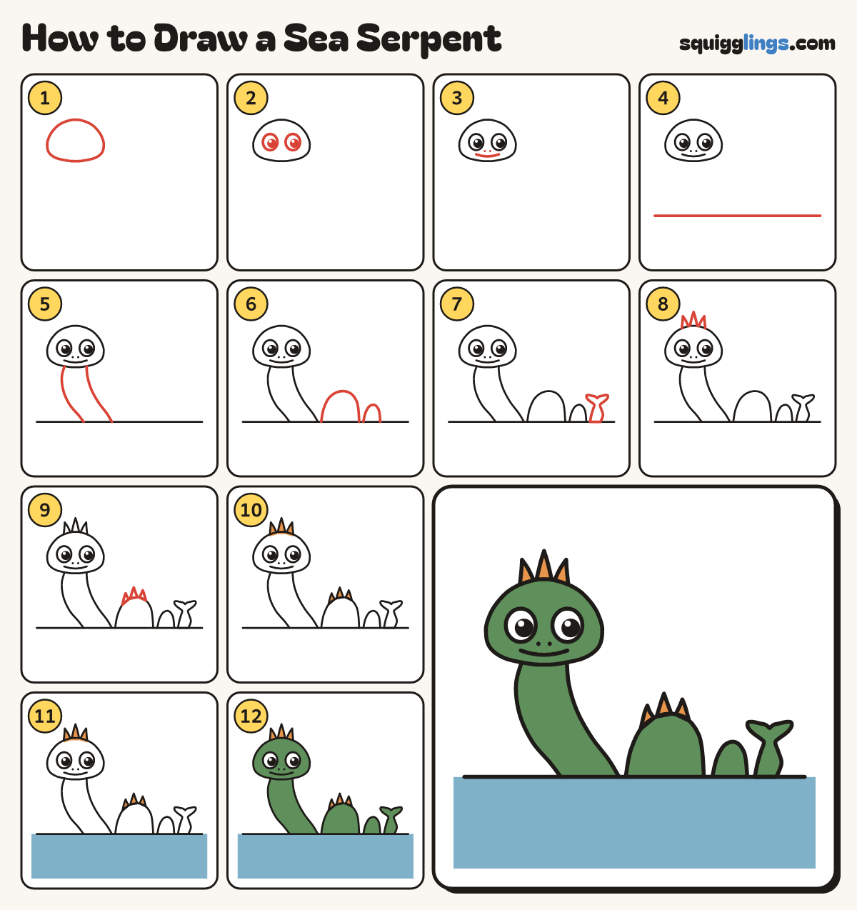How to Draw a Sea Serpent step by step: all 12 steps in one picture