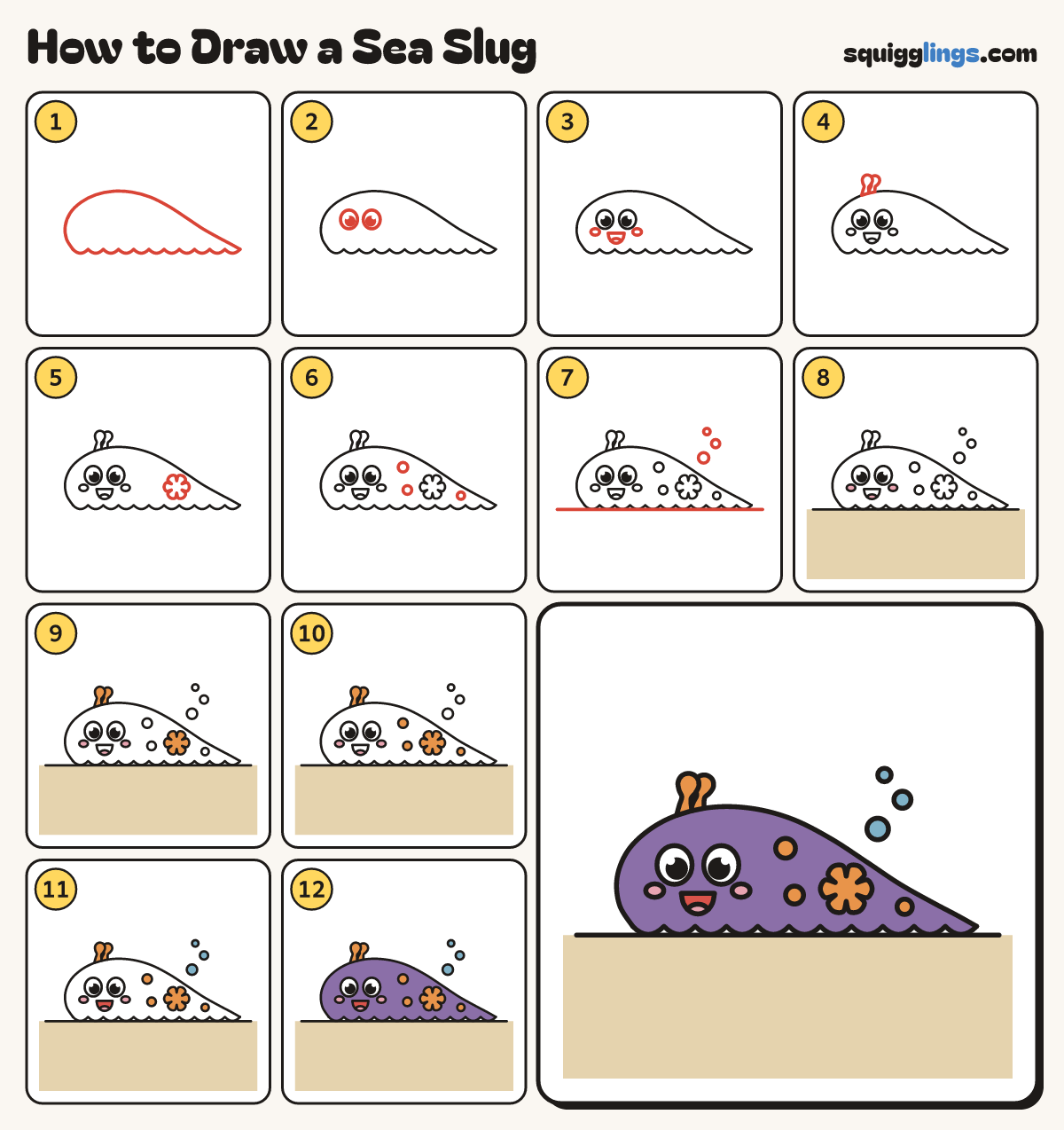 How to Draw a Sea Slug step by step: all 12 steps in one picture