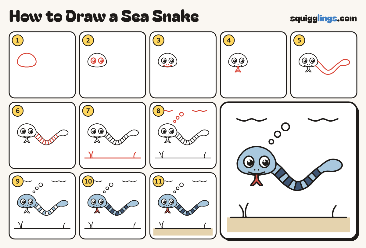 How to Draw a Sea Snake step by step: all 11 steps in one picture
