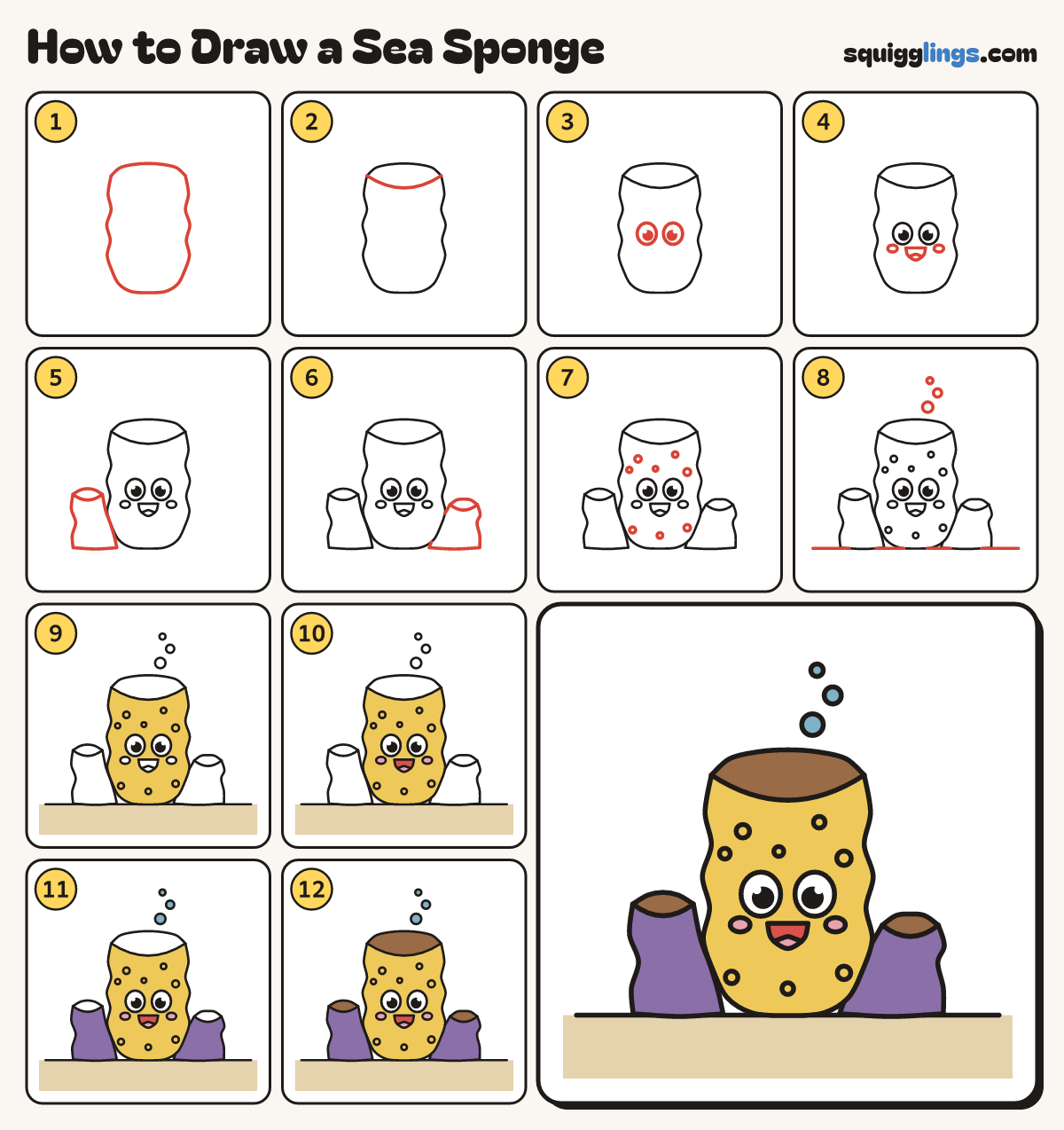 How to Draw a Sea Sponge step by step: all 12 steps in one picture