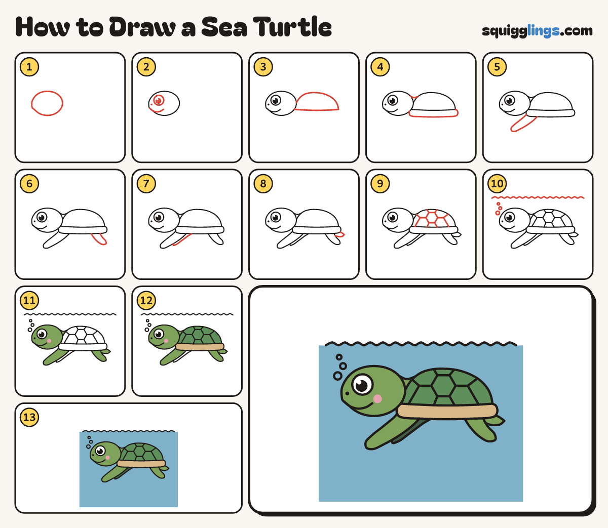 How to Draw a Sea Turtle step by step: all 13 steps in one picture