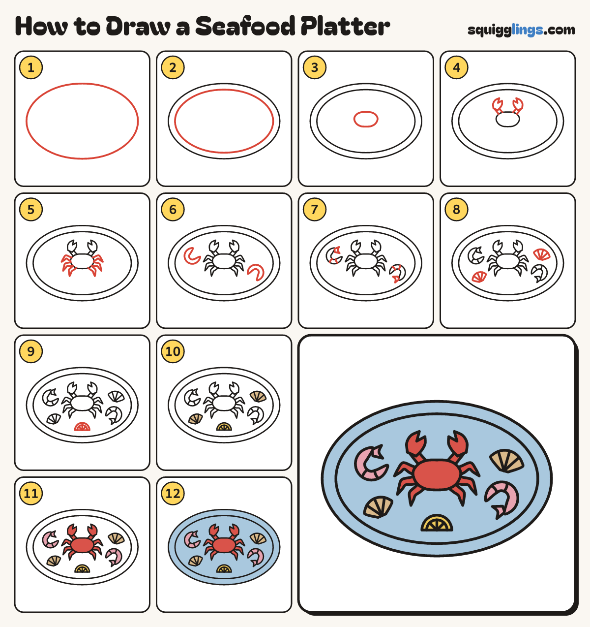 How to Draw a Seafood Platter step by step: all 12 steps in one picture