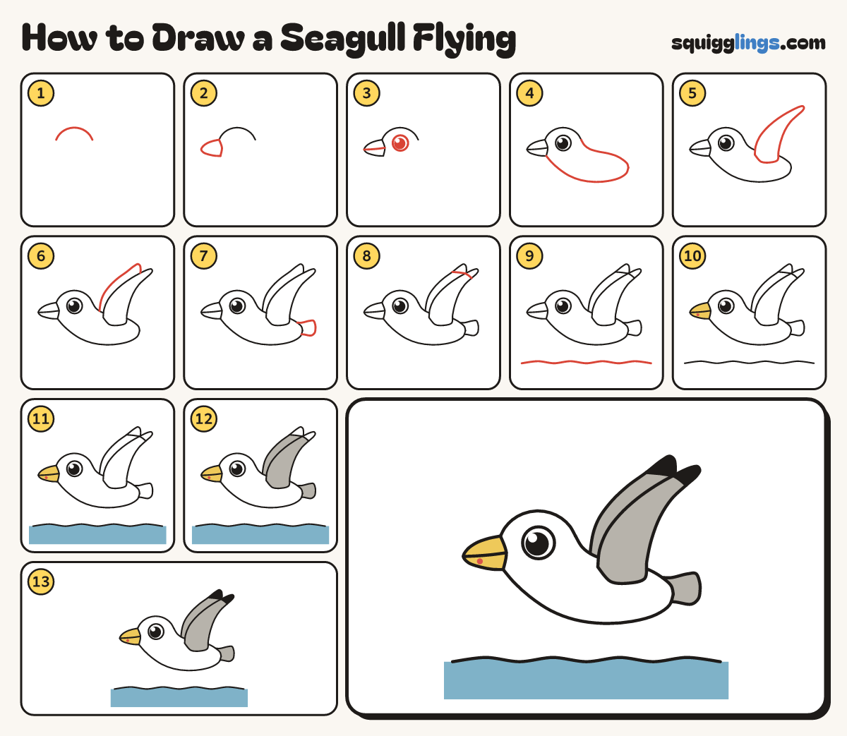 How to Draw a Seagull Flying step by step: all 13 steps in one picture