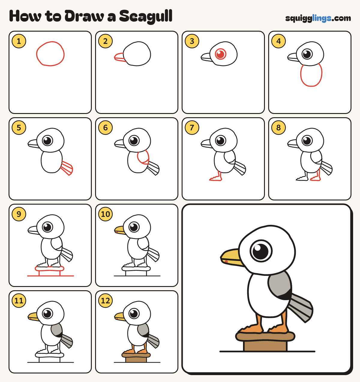 How to Draw a Seagull step by step: all 12 steps in one picture