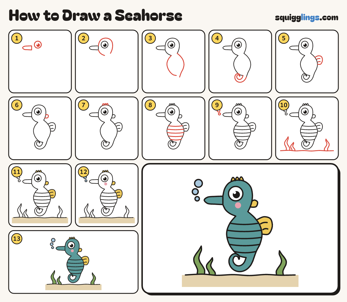 How to Draw a Seahorse step by step: all 13 steps in one picture