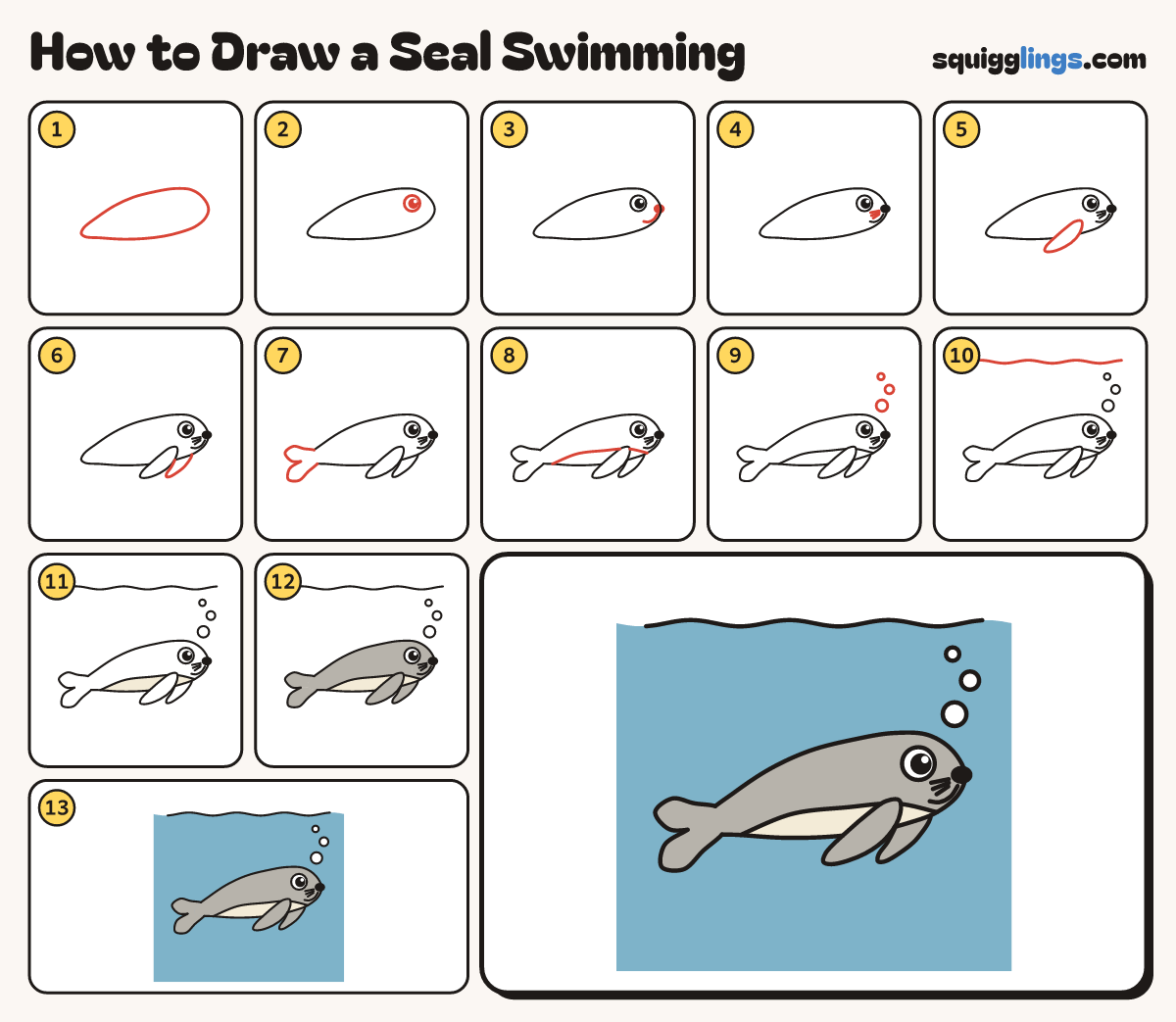 How to Draw a Seal Swimming step by step: all 13 steps in one picture