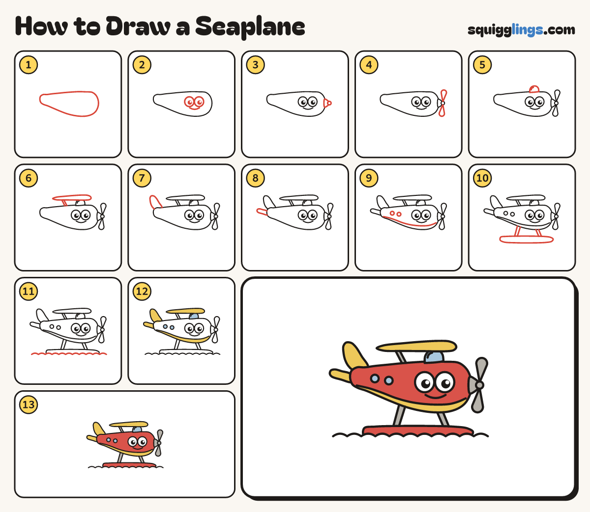 How to Draw a Seaplane step by step: all 13 steps in one picture