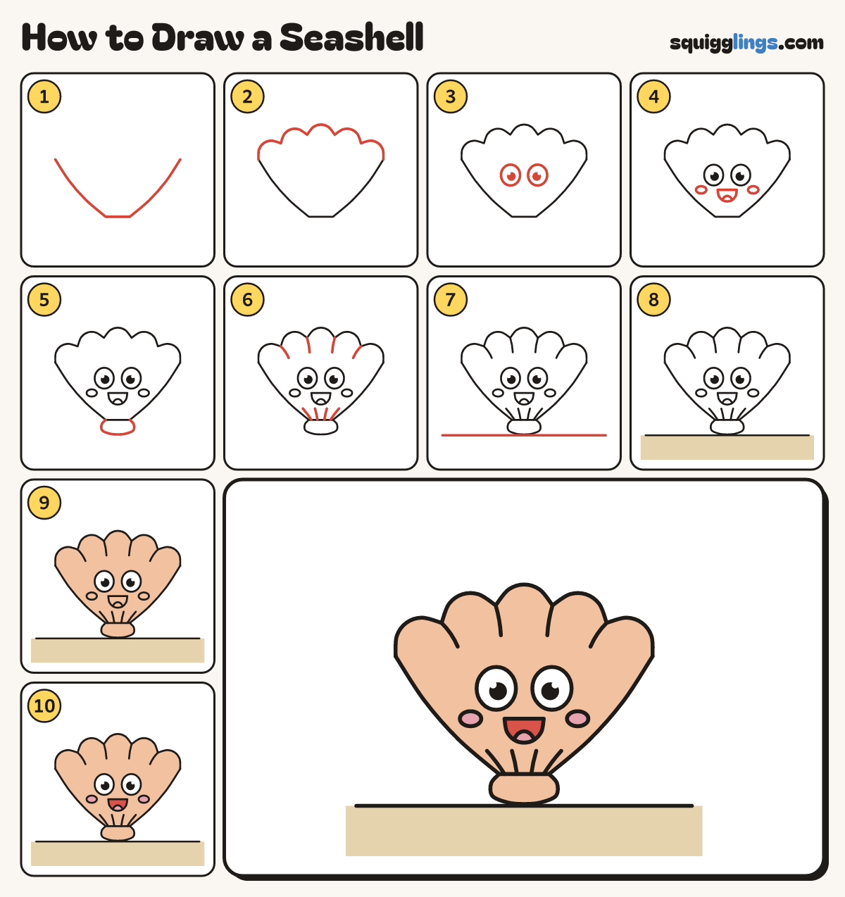 How to Draw a Seashell step by step: all 10 steps in one picture