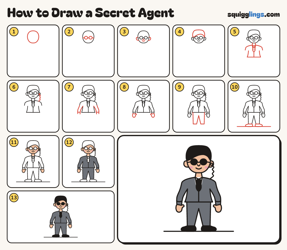 How to Draw a Secret Agent step by step: all 13 steps in one picture