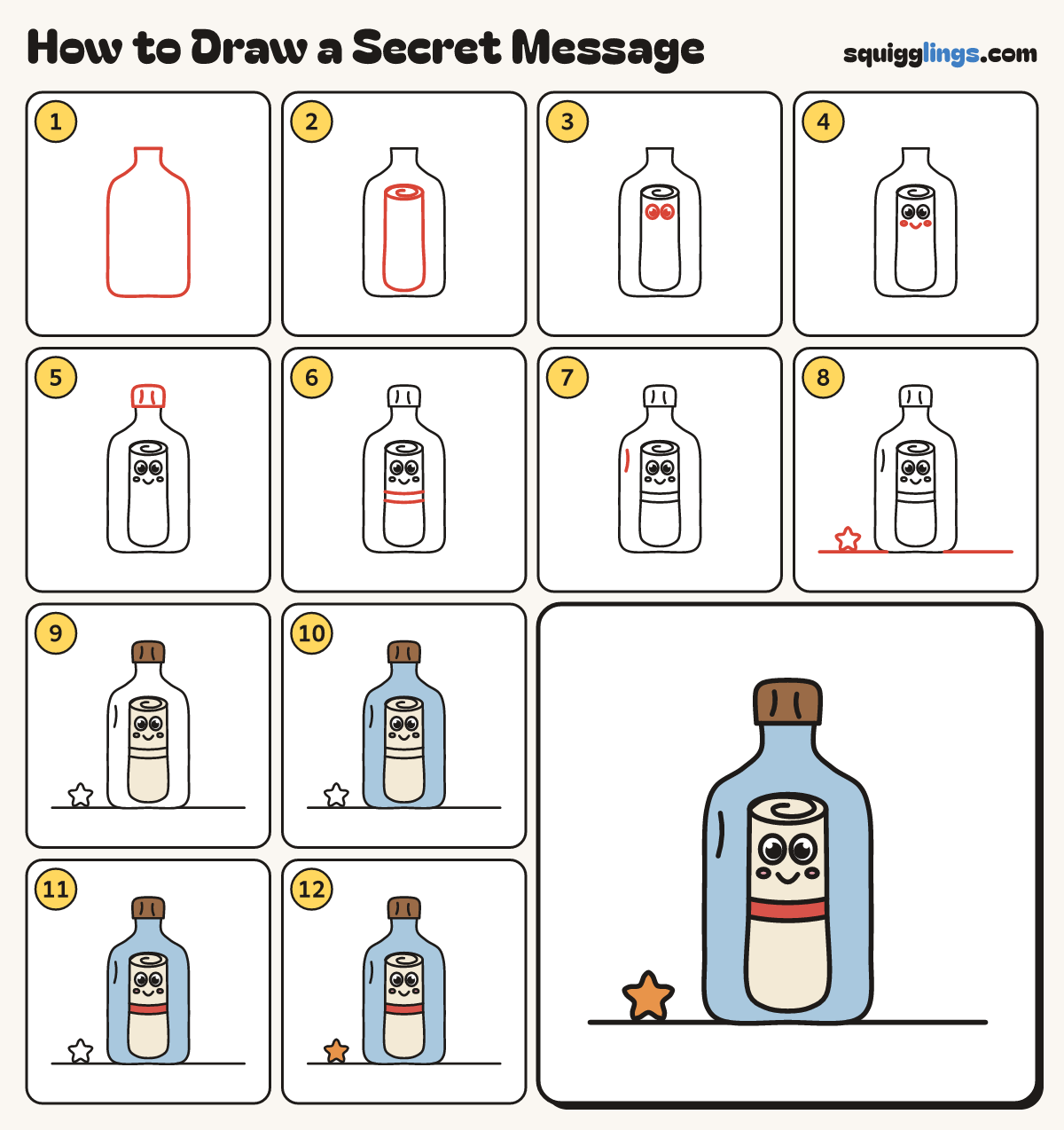 How to Draw a Secret Message step by step: all 12 steps in one picture