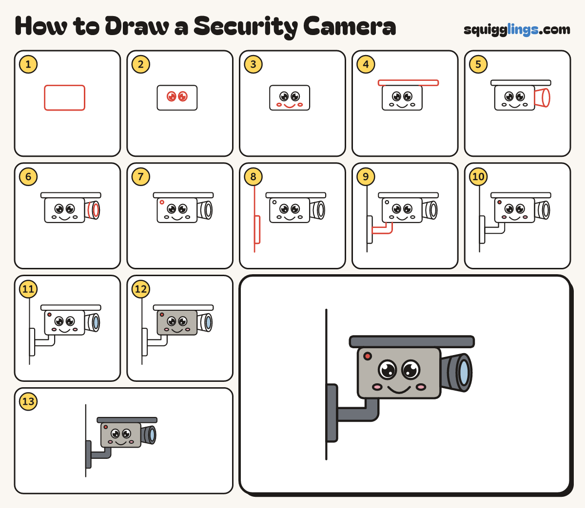 How to Draw a Security Camera step by step: all 13 steps in one picture