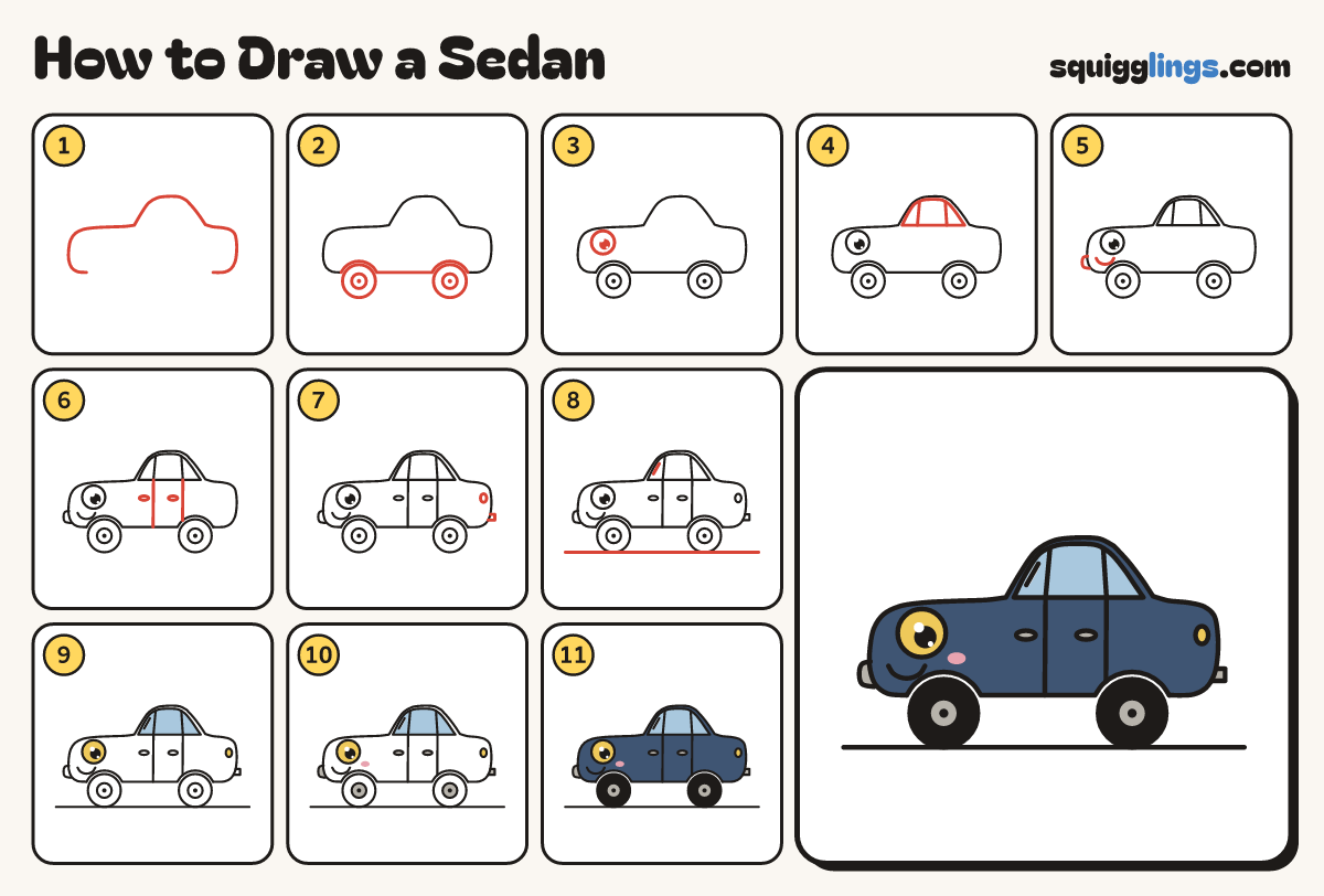 How to Draw a Sedan step by step: all 11 steps in one picture