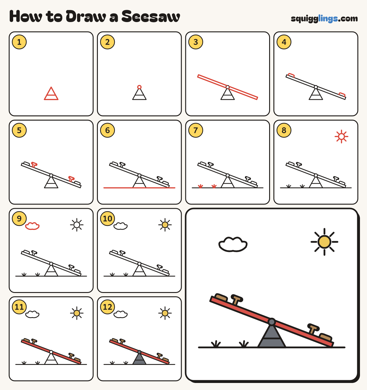 How to Draw a Seesaw step by step: all 12 steps in one picture