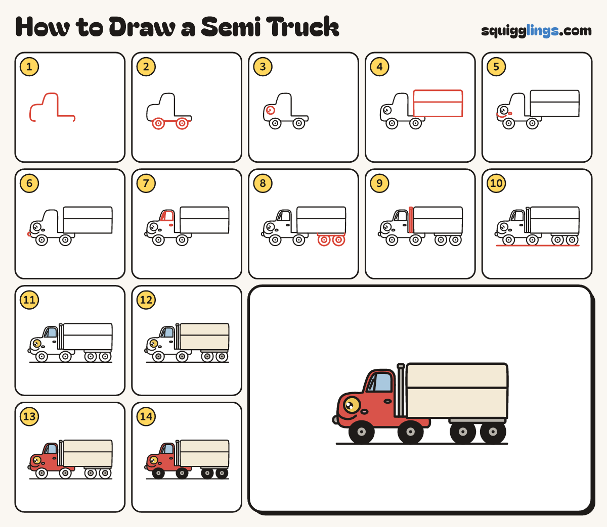 How to Draw a Semi Truck step by step: all 14 steps in one picture