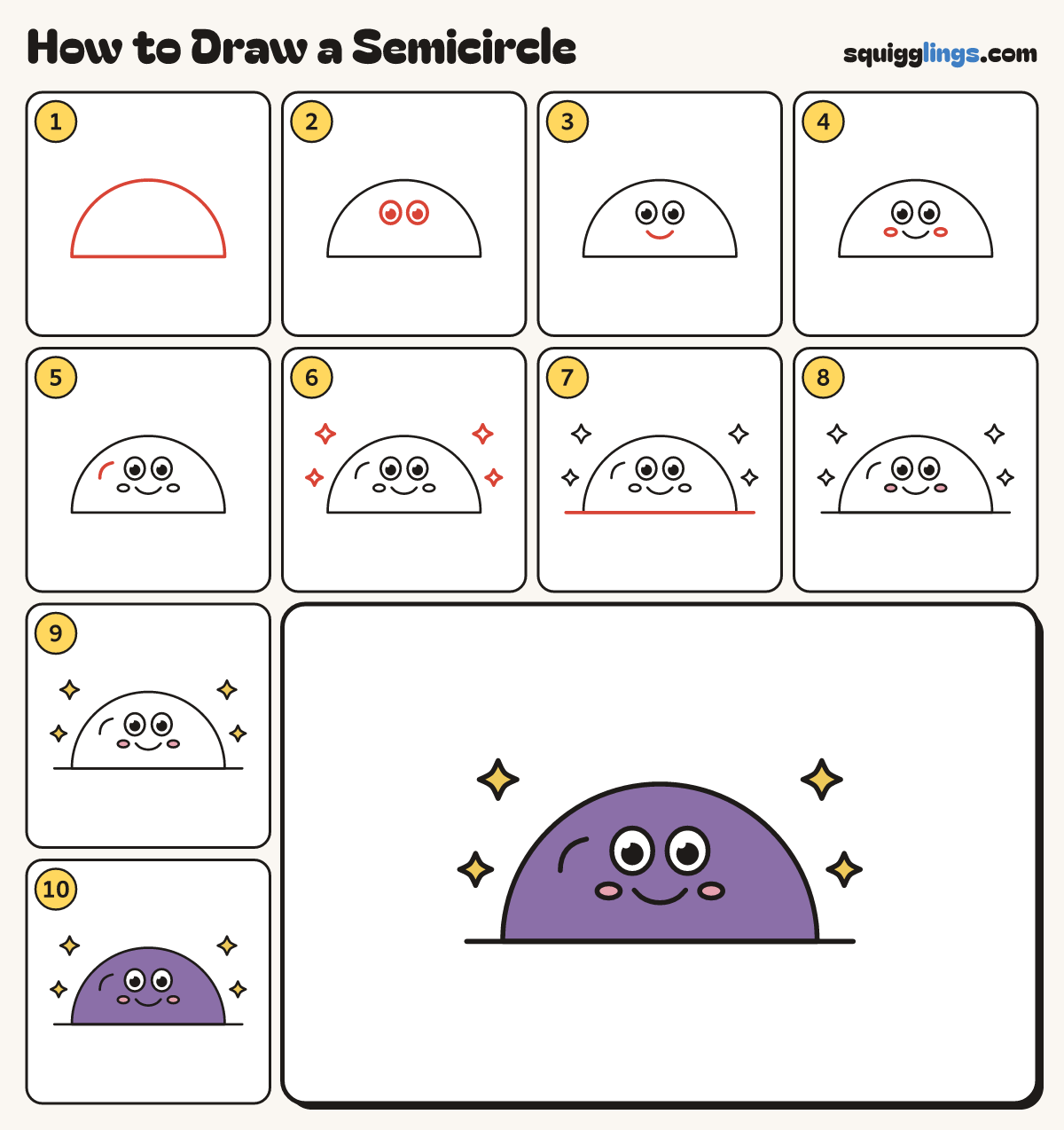 How to Draw a Semicircle step by step: all 10 steps in one picture