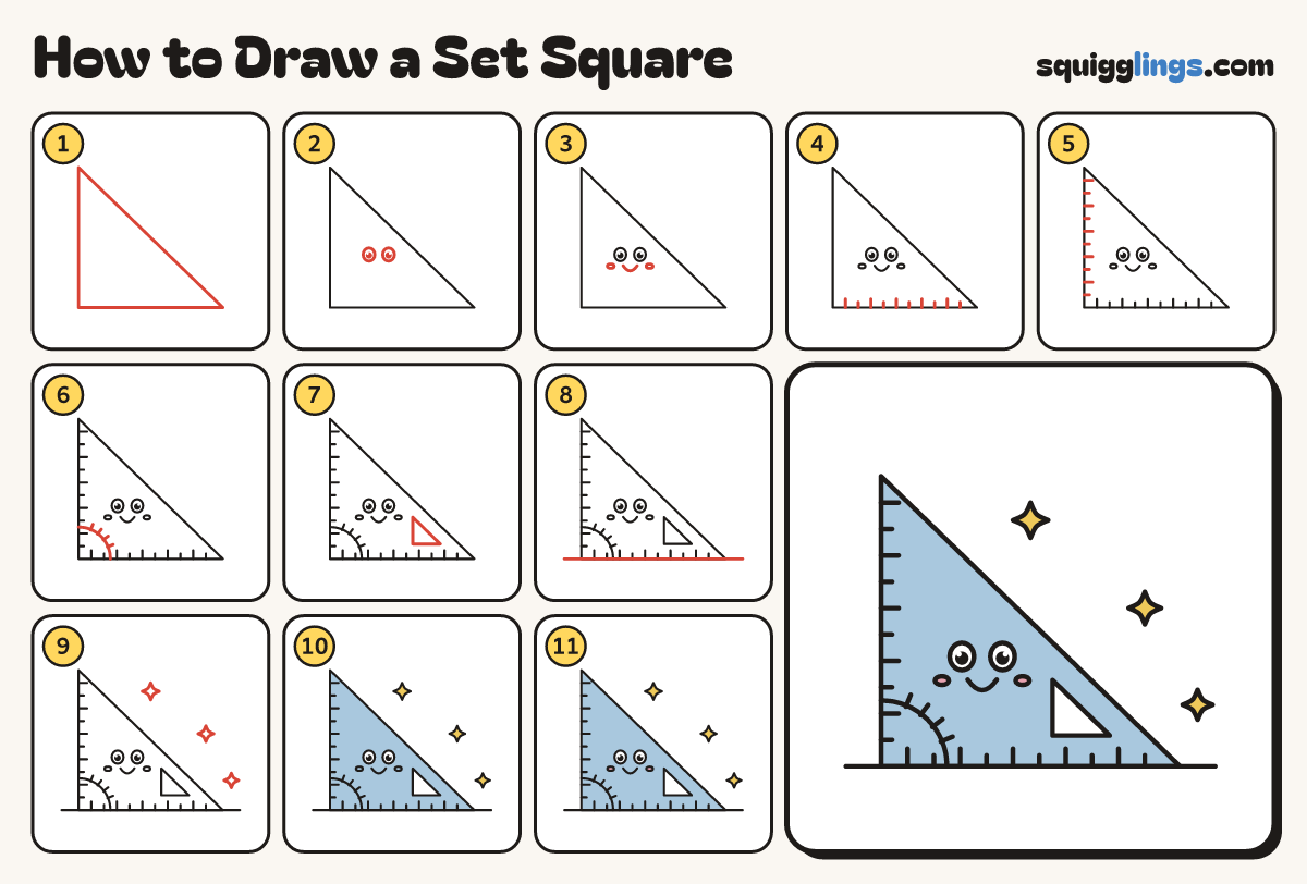 How to Draw a Set Square step by step: all 11 steps in one picture