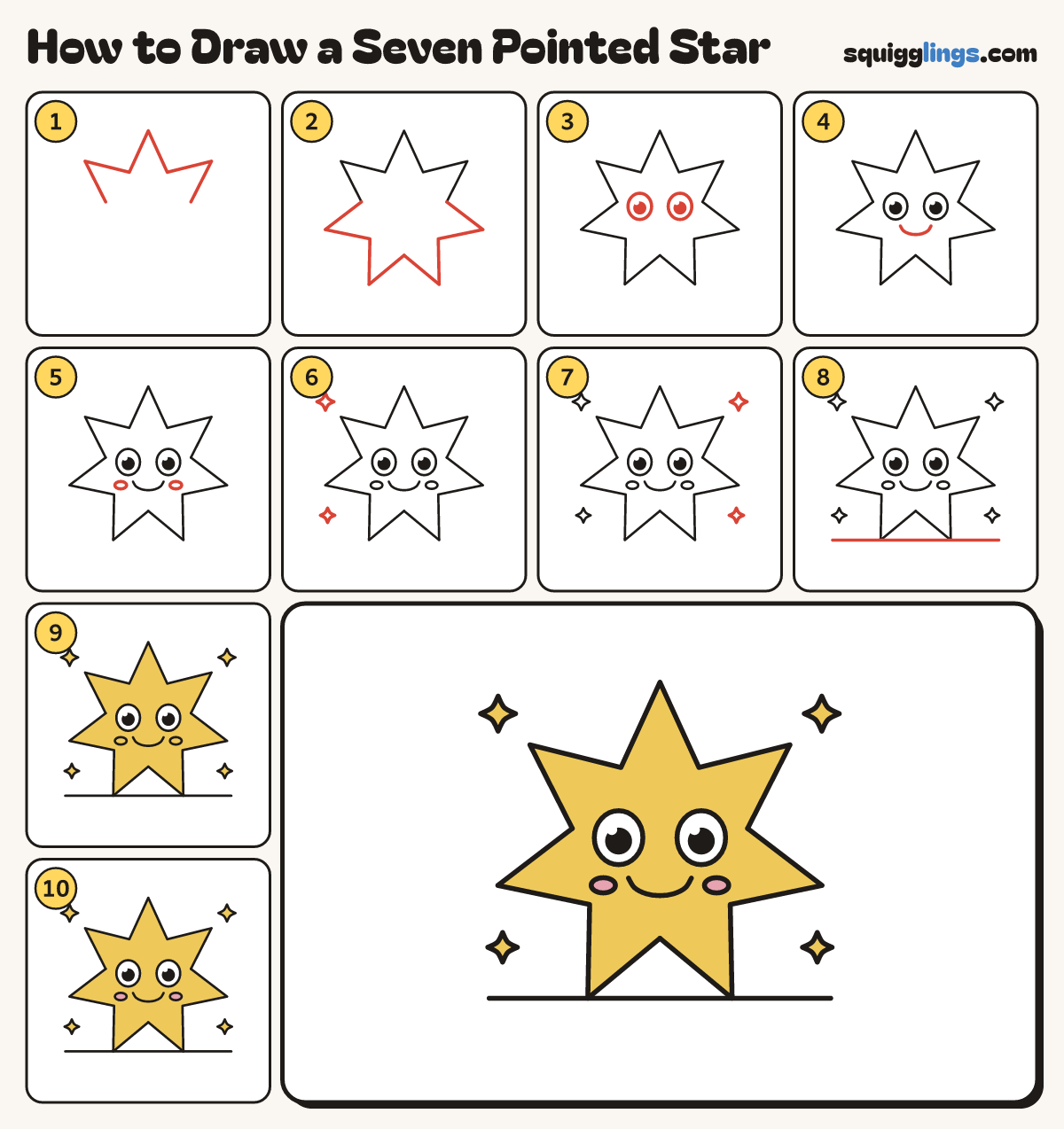How to Draw a Seven Pointed Star step by step: all 10 steps in one picture