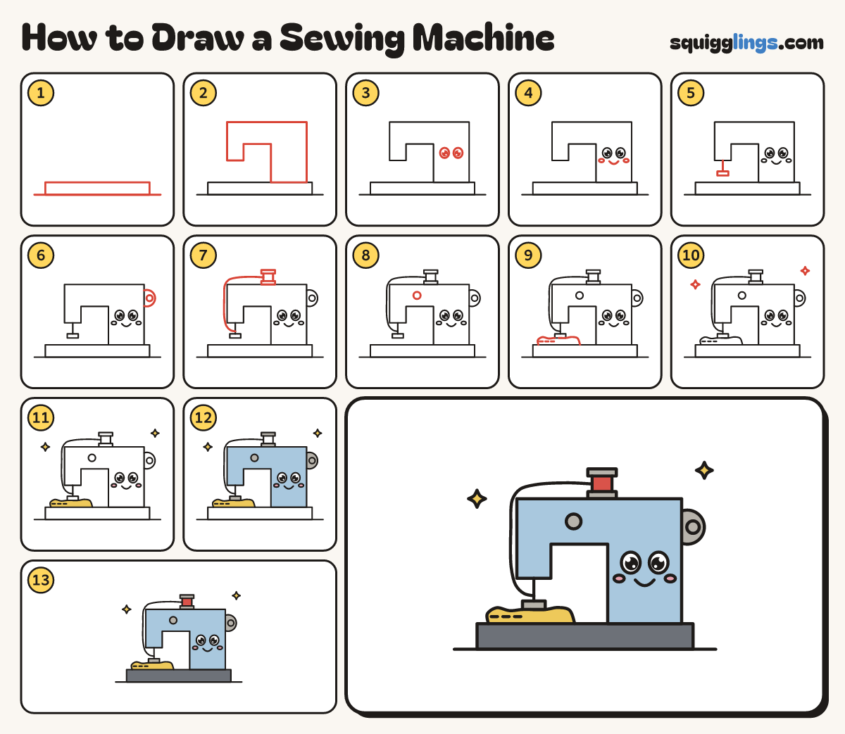 How to Draw a Sewing Machine step by step: all 13 steps in one picture
