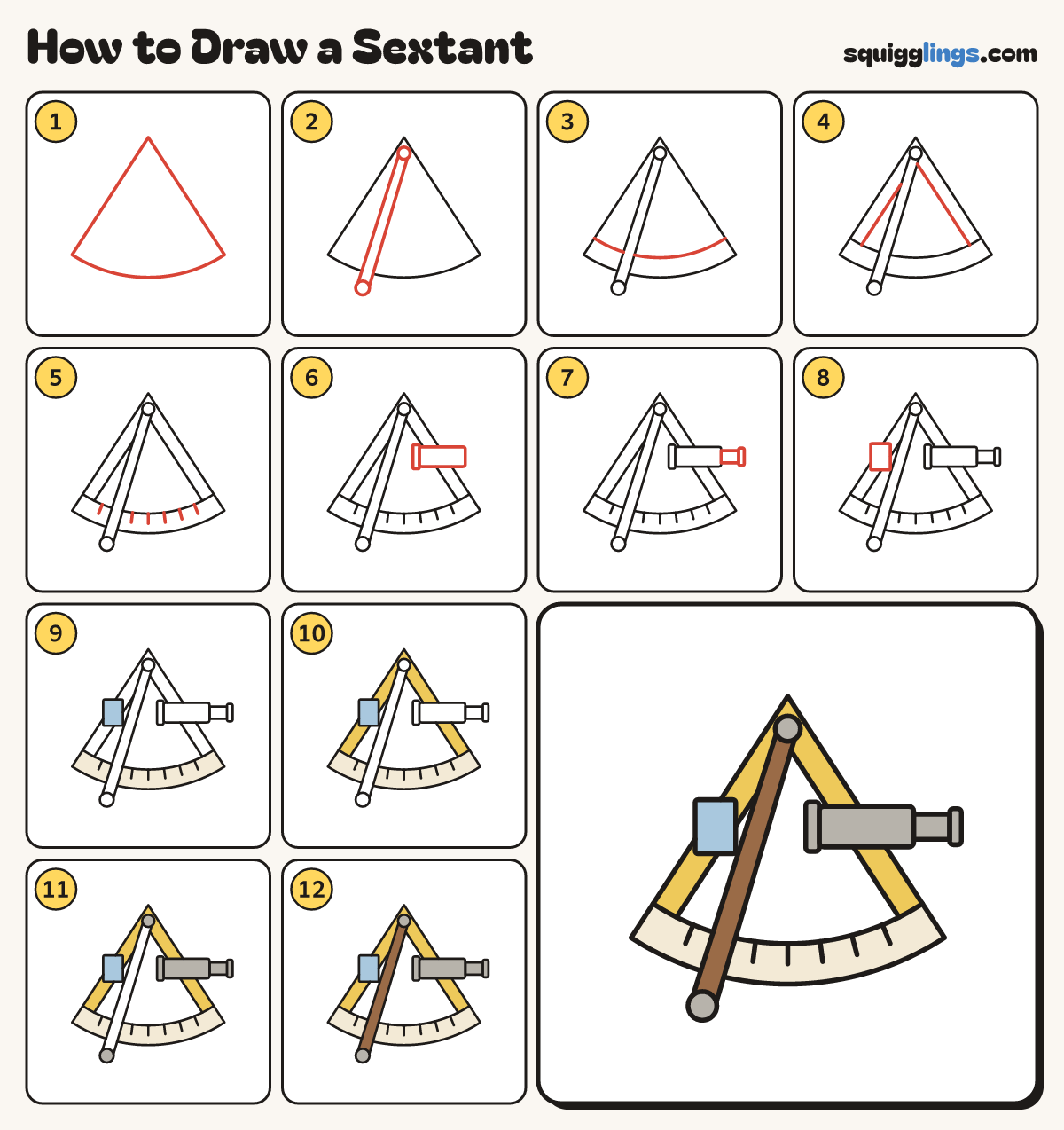 How to Draw a Sextant step by step: all 12 steps in one picture