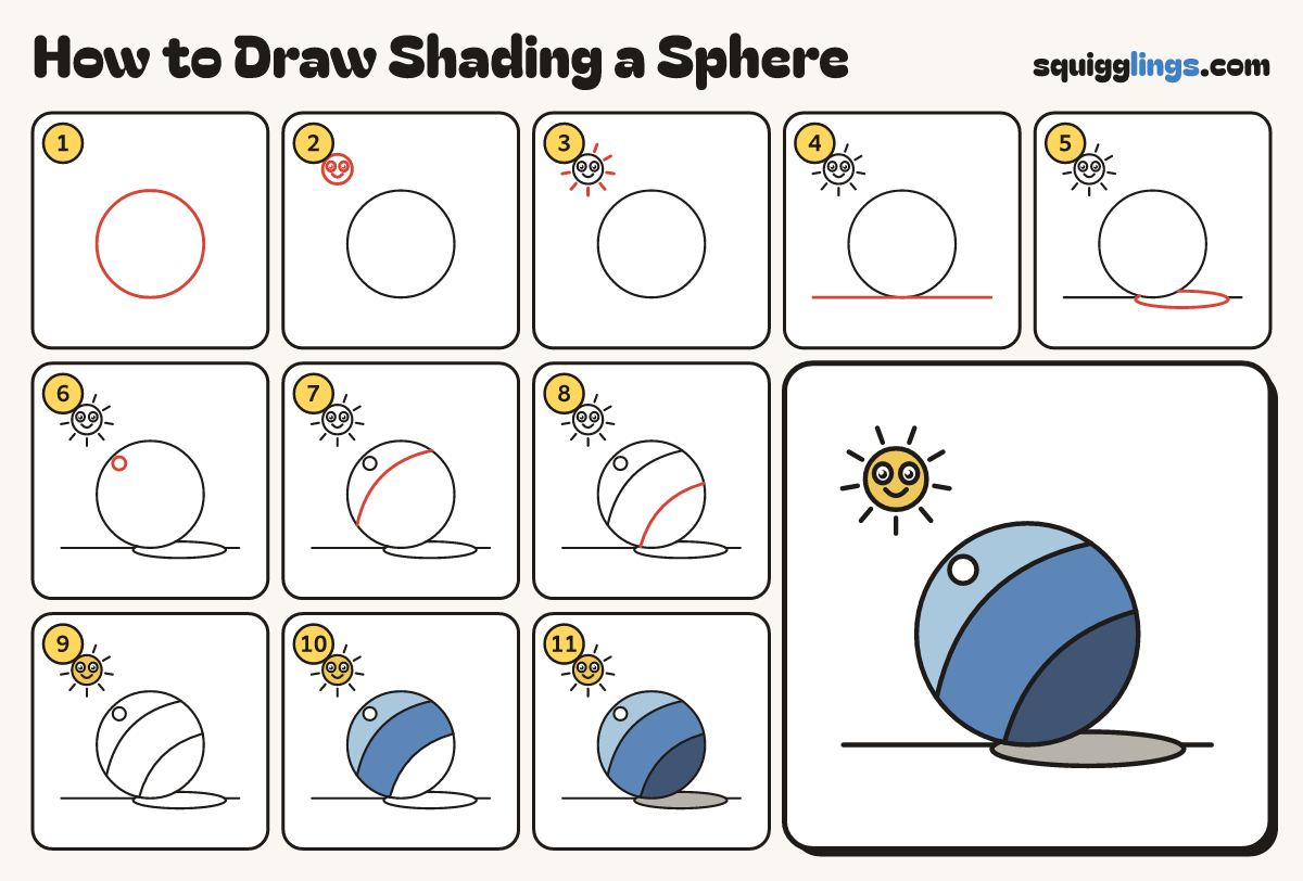How to Draw Shading a Sphere step by step: all 11 steps in one picture