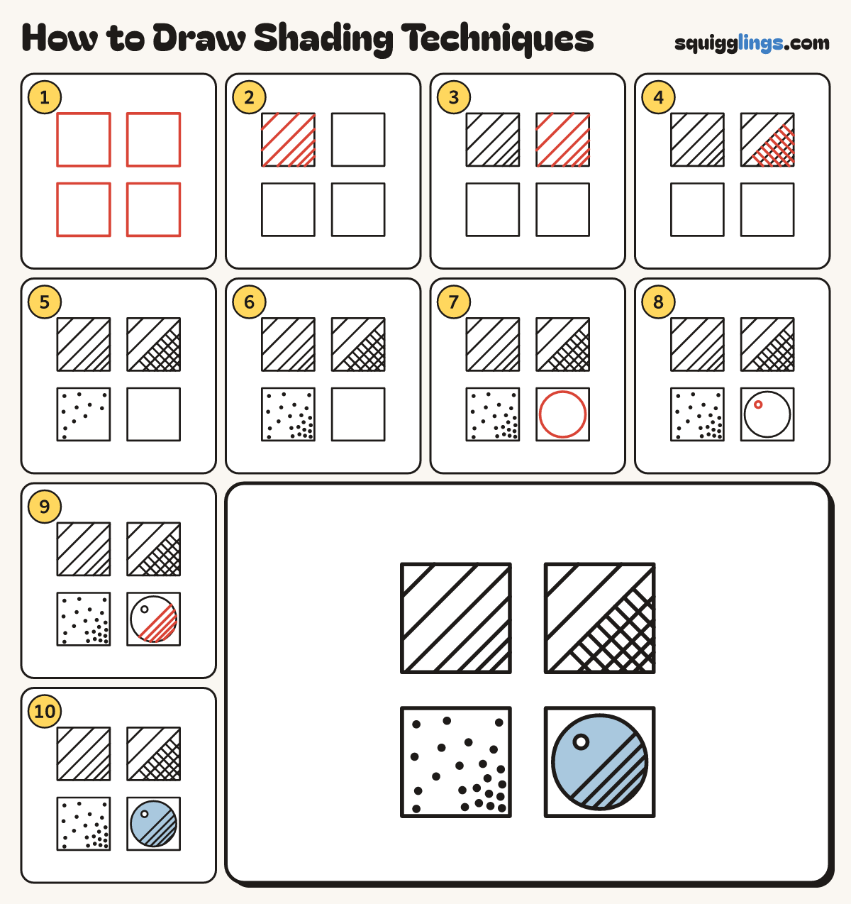 How to Draw Shading Techniques step by step: all 10 steps in one picture