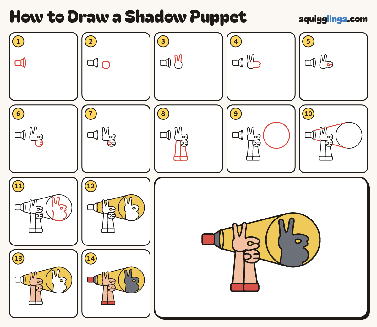 How to Draw a Shadow Puppet step by step: all 14 steps in one picture