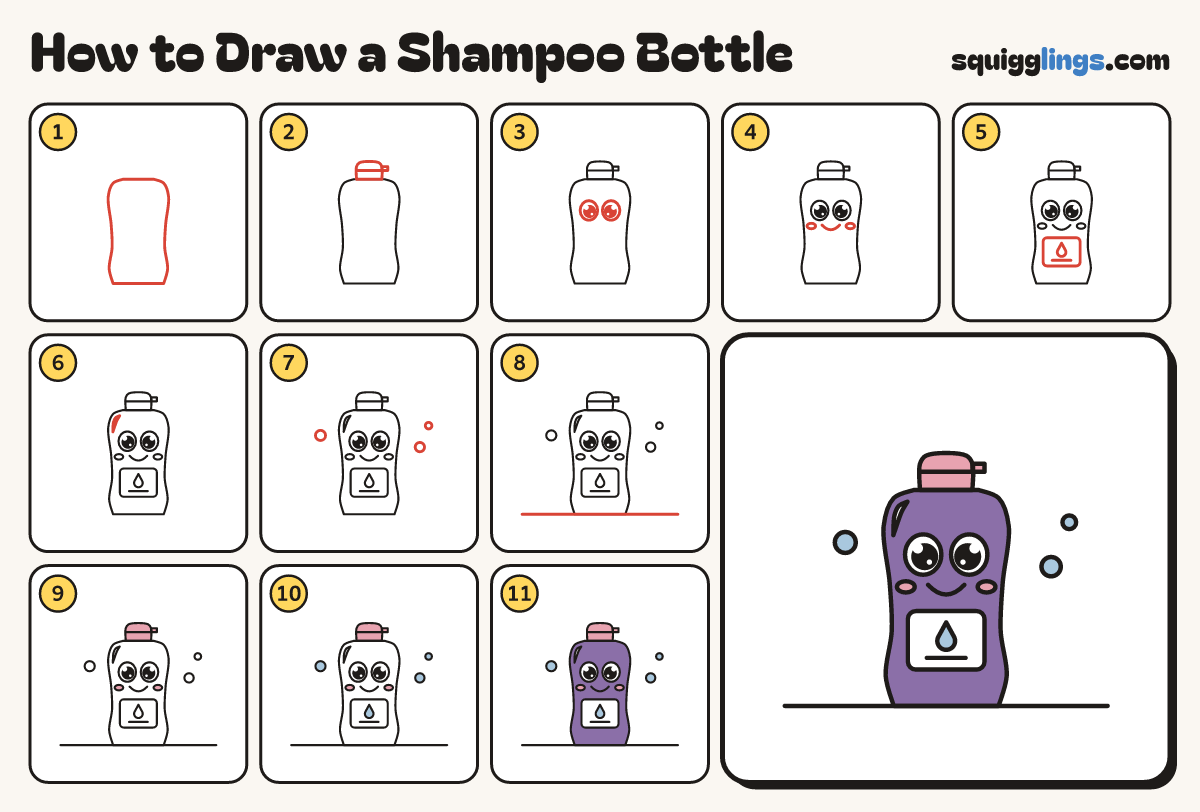 How to Draw a Shampoo Bottle step by step: all 11 steps in one picture