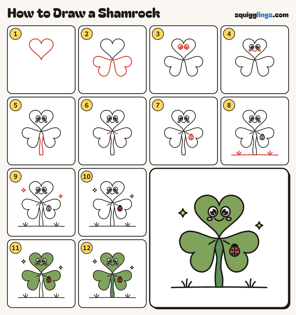 How to Draw a Shamrock step by step: all 12 steps in one picture