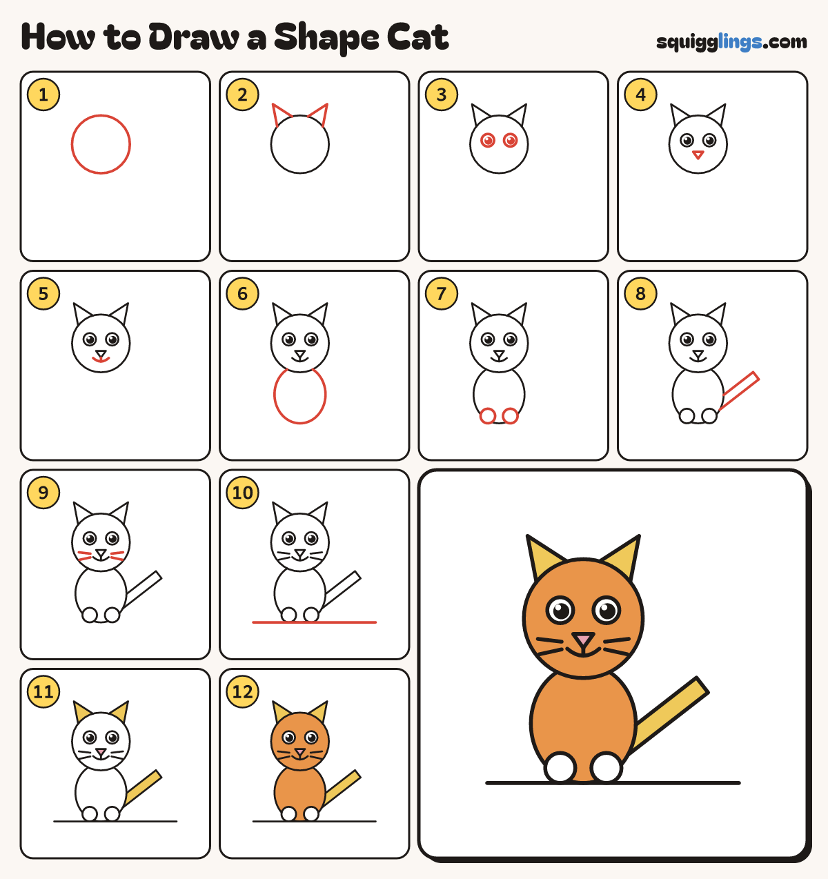 How to Draw a Shape Cat step by step: all 12 steps in one picture