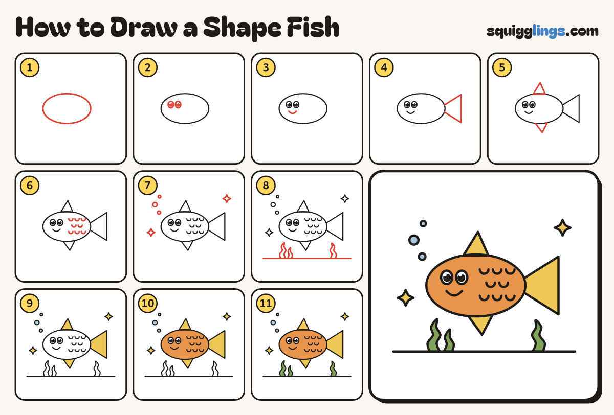 How to Draw a Shape Fish step by step: all 11 steps in one picture