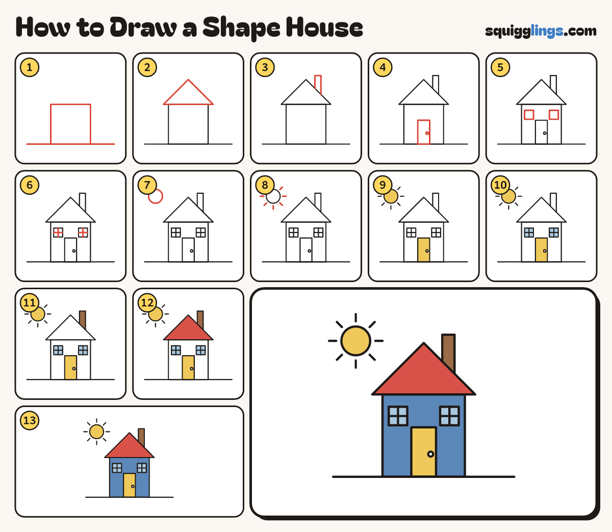 How to Draw a Shape House step by step: all 13 steps in one picture